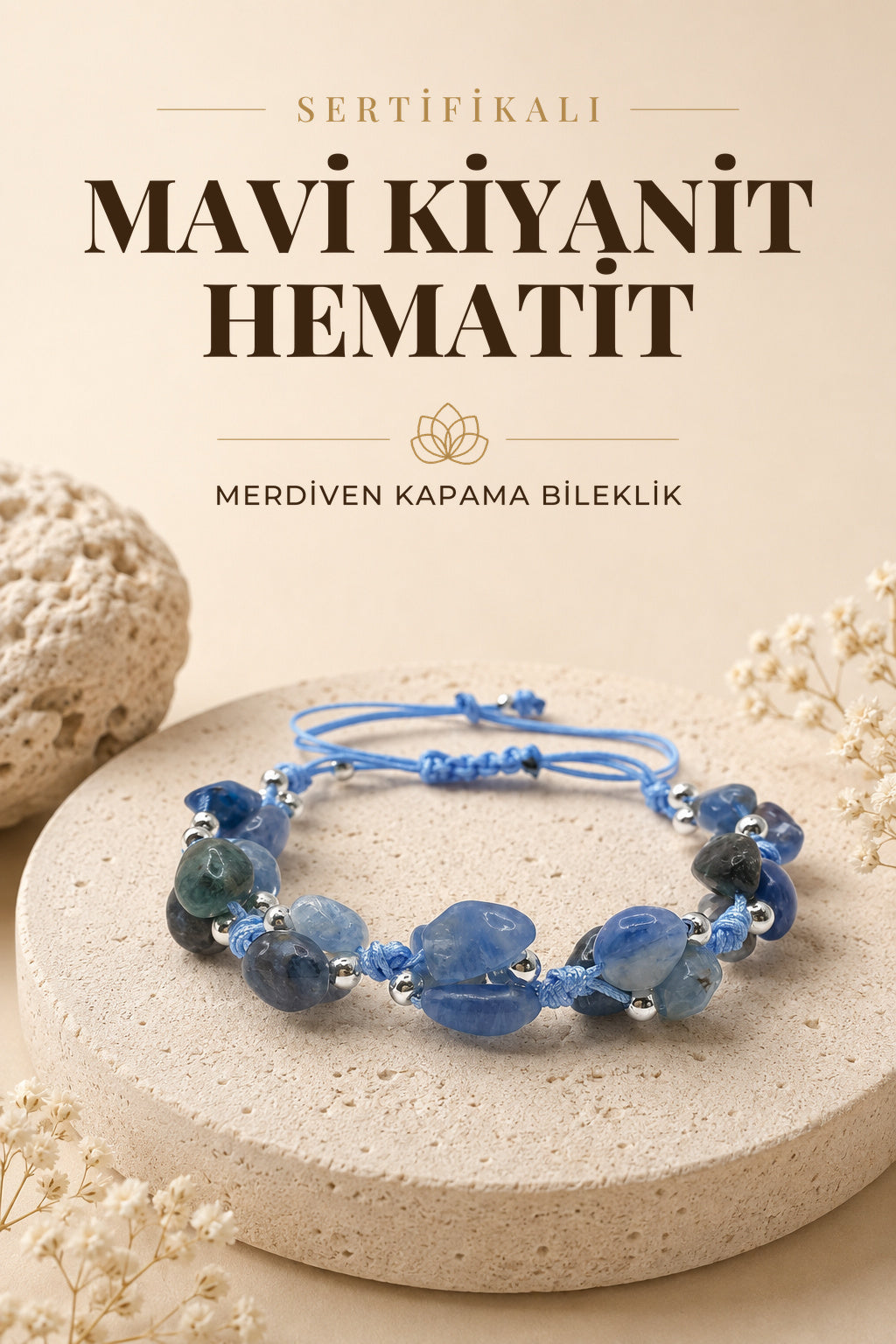Sertifikalı Hakiki Orijinal Mavi Kiyanit - Hematit Doğal Taş İpli Merdiven Kapama Bileklik