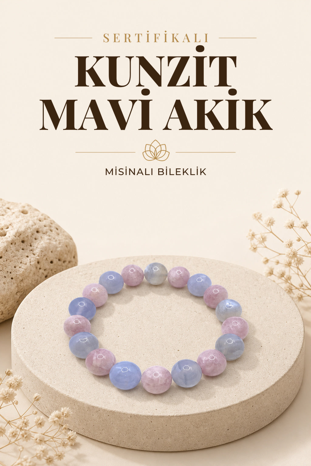 Sertifikalı Hakiki Orijinal Kunzit - Mavi Akik Doğal Taş 10mm Misinalı Bileklik