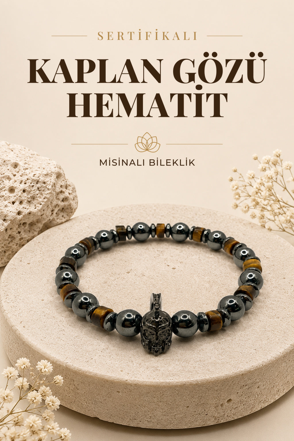 Sertifikalı Hakiki Orijinal Kaplan Gözü - Hematit 8mm Gladyatör Aparatlı Misinalı Doğal Taş Bileklik