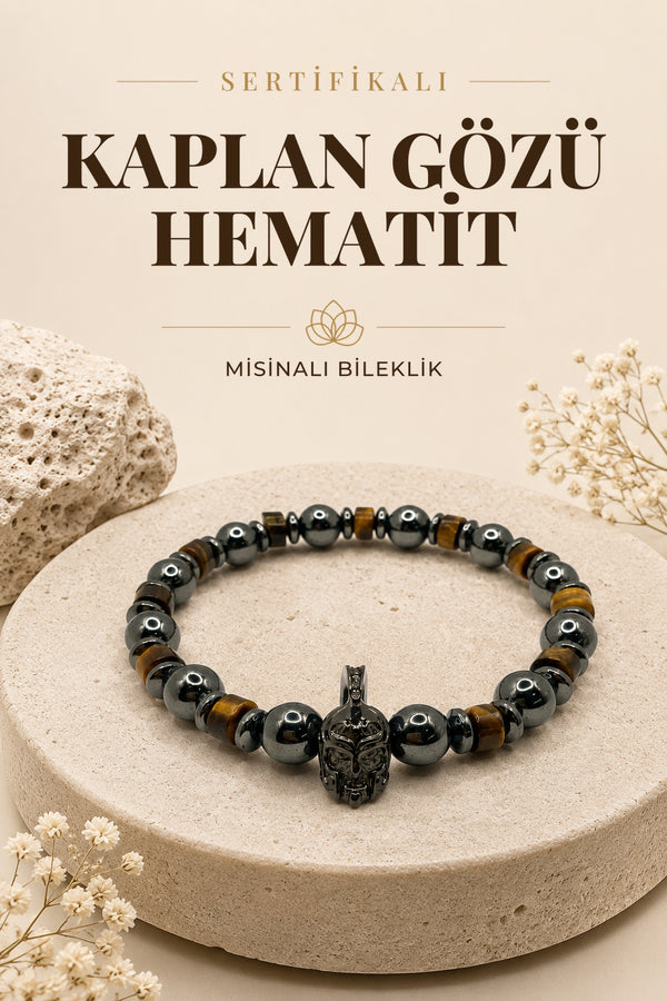 Sertifikalı Hakiki Orijinal Kaplan Gözü - Hematit 8mm Gladyatör Aparatlı Misinalı Doğal Taş Bileklik