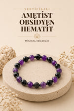 Sertifikalı Hakiki Orijinal 8mm Ametist-Obsidyen–Hematit-Zirkon Aparatlı Doğal Taş Misinalı Bileklik