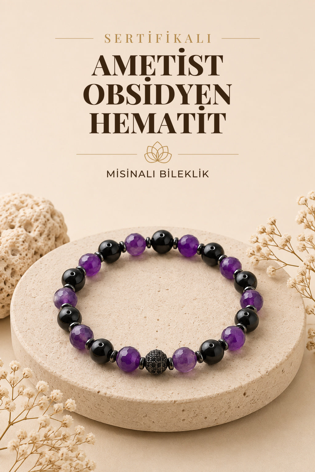 Sertifikalı Hakiki Orijinal 8mm Ametist-Obsidyen–Hematit-Zirkon Aparatlı Doğal Taş Misinalı Bileklik