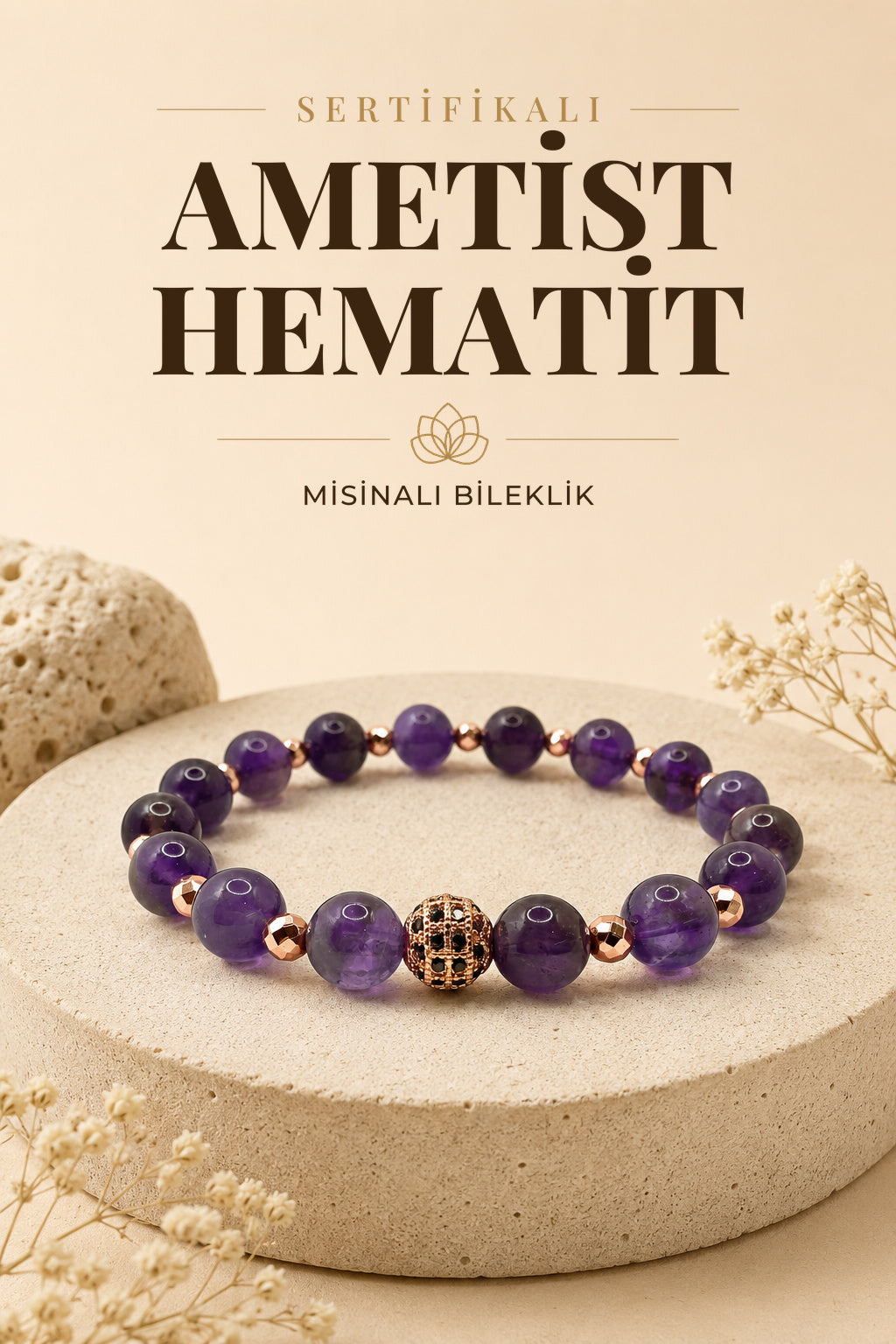 Sertifikalı Hakiki Orijinal 8mm Ametist - Hematit Doğal Taş Zirkon Aparatlı Misinalı Bileklik