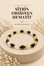 Sertifikalı Hakiki Orijinal Sitrin - 6mm Obsidyen - Hematit Doğal Taş Misinalı Bileklik