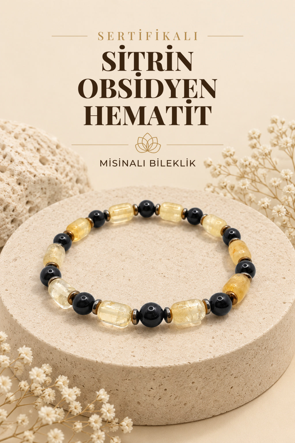 Sertifikalı Hakiki Orijinal Sitrin - 6mm Obsidyen - Hematit Doğal Taş Misinalı Bileklik