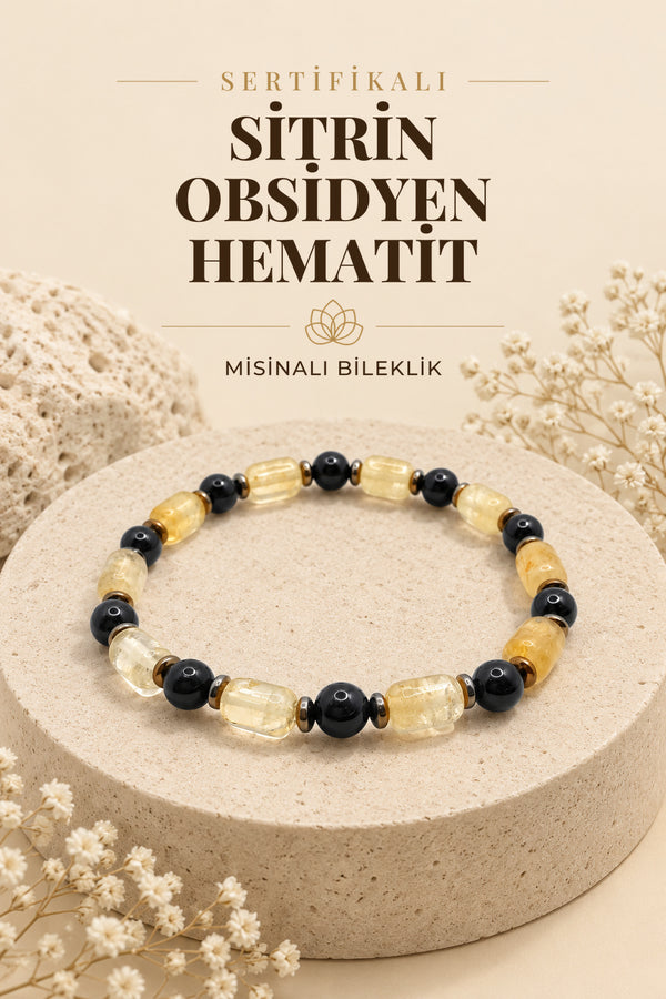 Sertifikalı Hakiki Orijinal Sitrin - 6mm Obsidyen - Hematit Doğal Taş Misinalı Bileklik