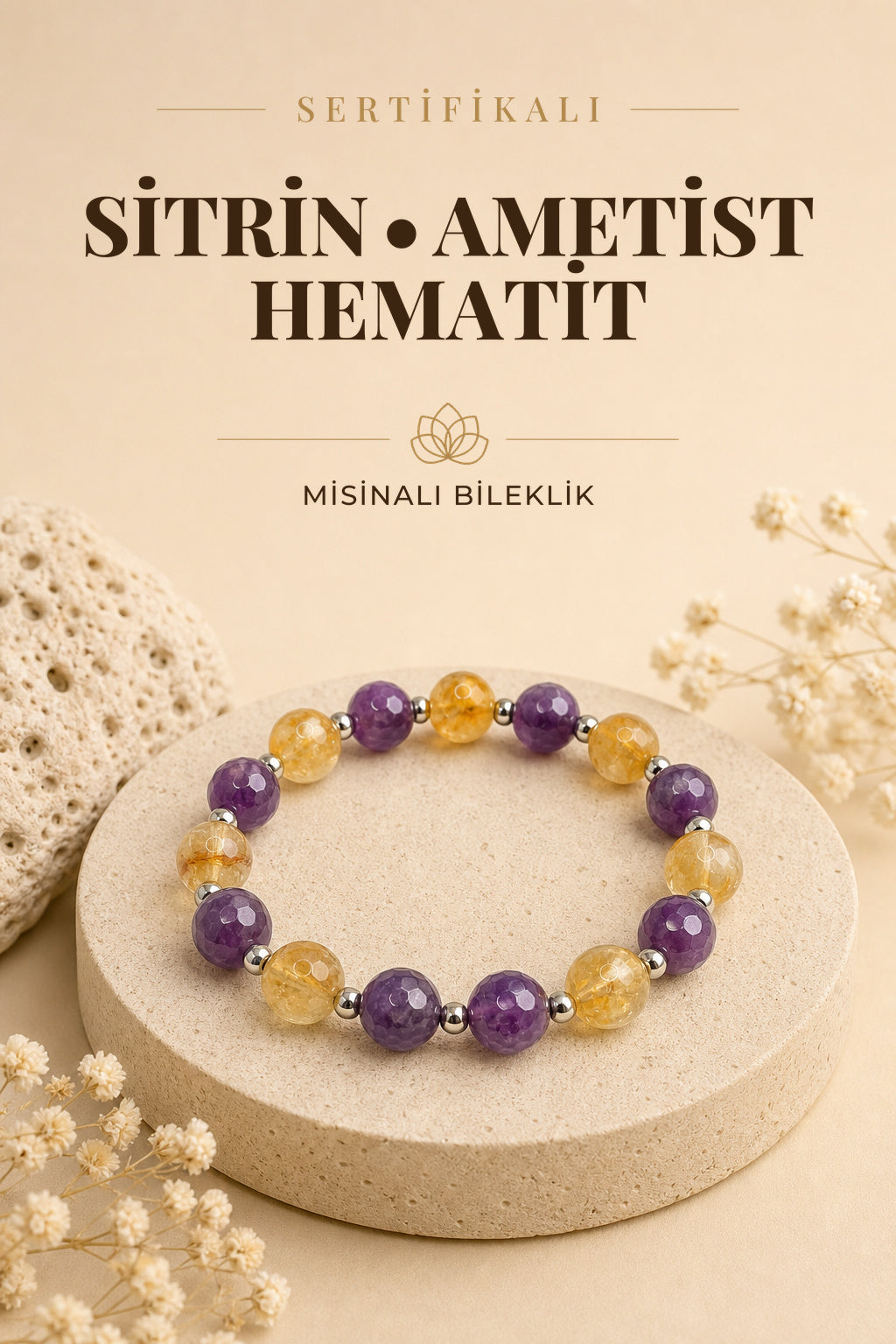 Sertifikalı Hakiki Orijinal 10mm Sitrin - Fasetli Ametist - Hematit Doğal Taş Misinalı Bileklik