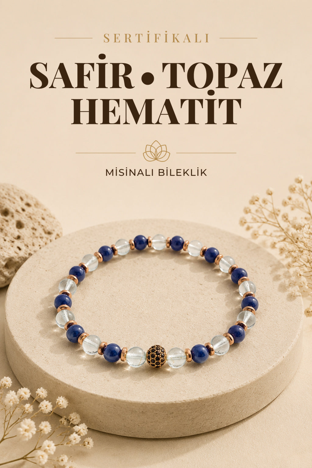 Sertifikalı Hakiki Orijinal 6mm Safir - Topaz - Hematit Doğal Taş Misinalı Bileklik