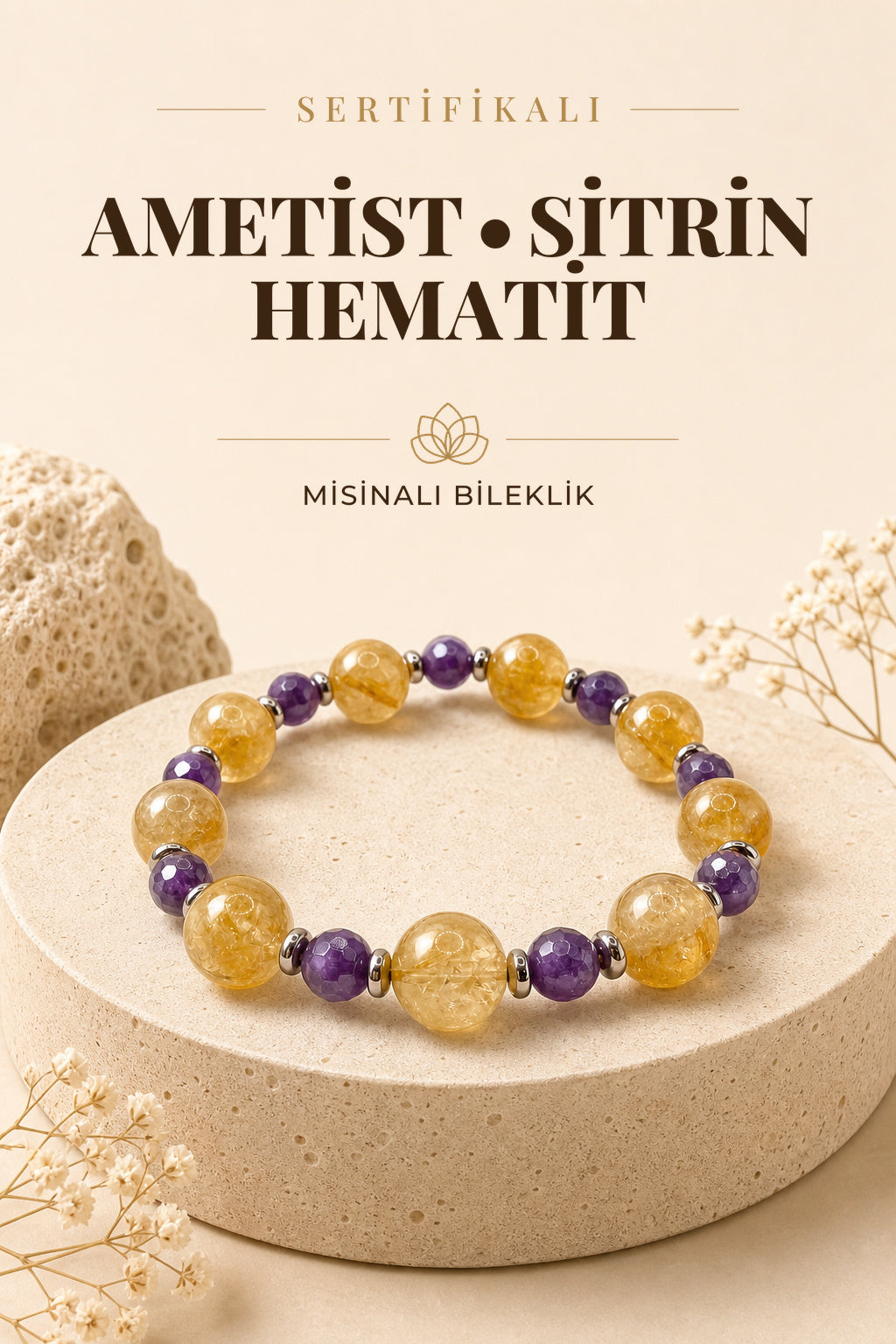 Sertifikalı Hakiki Orijinal 6mm Fasetli Ametist - 10mm Sitrin - Hematit Doğal Taş Misinalı Bileklik