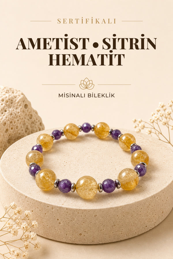Sertifikalı Hakiki Orijinal 6mm Fasetli Ametist - 10mm Sitrin - Hematit Doğal Taş Misinalı Bileklik