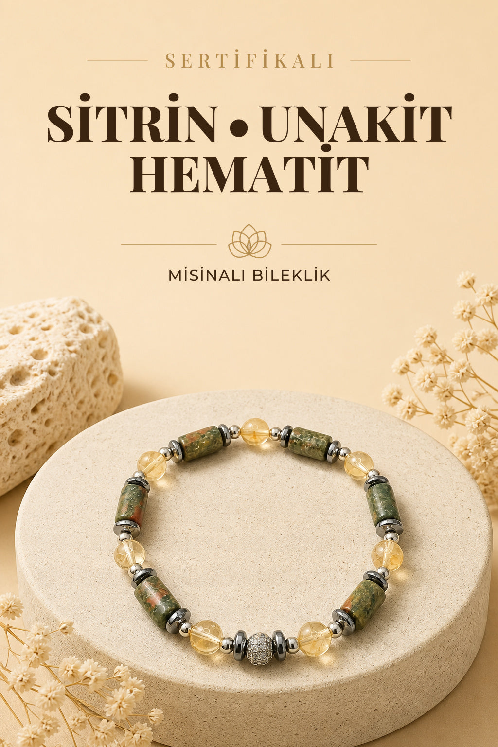 Sertifikalı Hakiki Orijinal 6mm Sitrin-Unakit-Hematit–Zirkon Aparatlı Doğal Taş Misinalı Bileklik