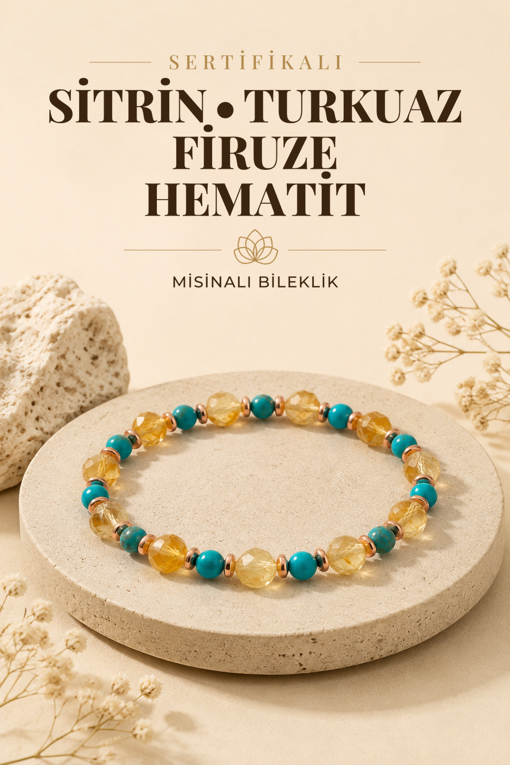 Sertifikalı Hakiki Orijinal 8mm Sitrin - 6mm Turkuaz (Firuze) - Hematit Doğal Taş Misinalı Bileklik
