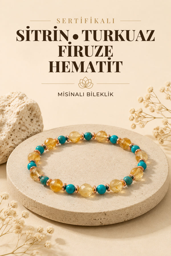 Sertifikalı Hakiki Orijinal 8mm Sitrin - 6mm Turkuaz (Firuze) - Hematit Doğal Taş Misinalı Bileklik