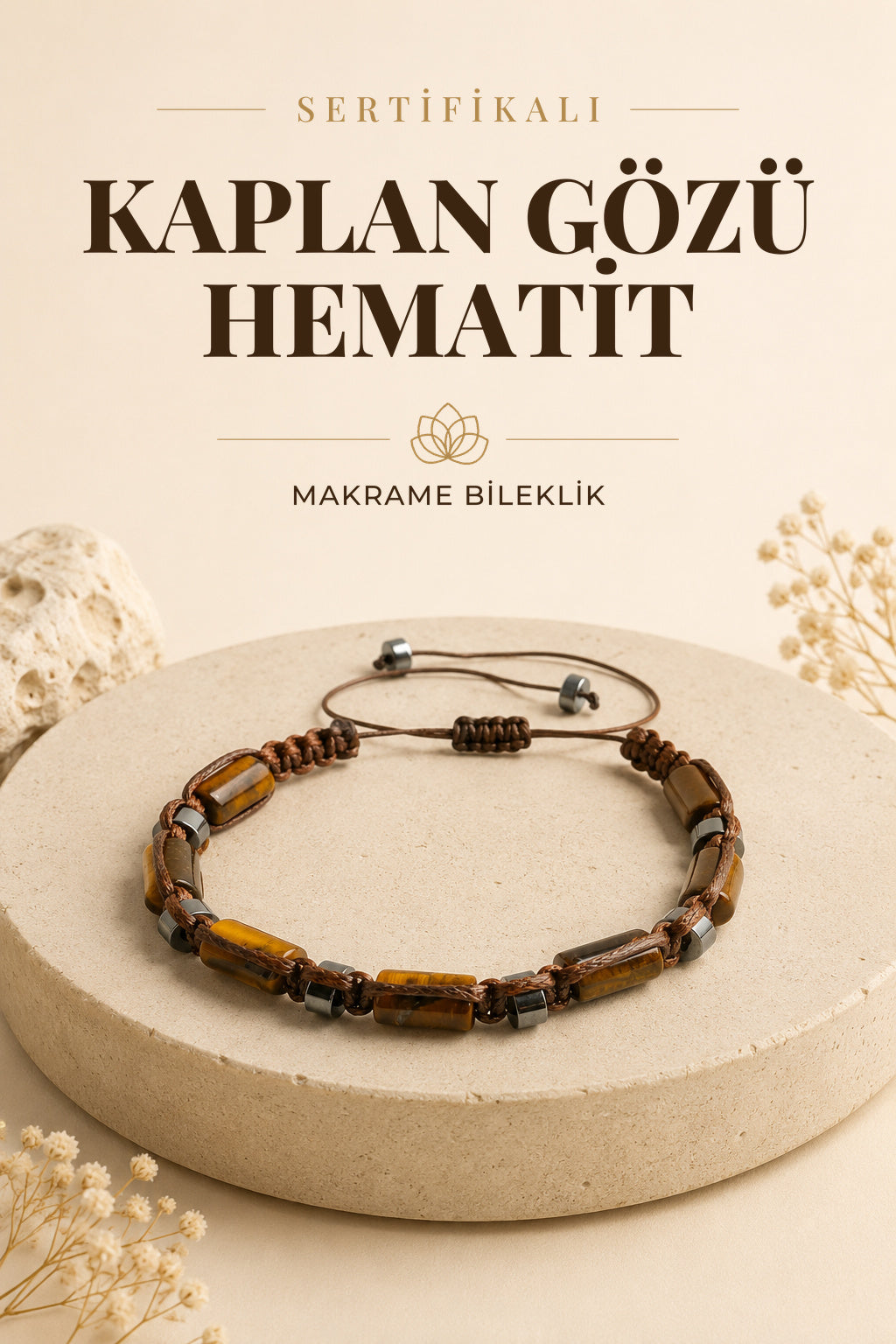Sertifikalı Hakiki Orijinal Kaplan Gözü - Hematit  Doğal Taş İpli Bileklik (Köşeli Makrome Model)