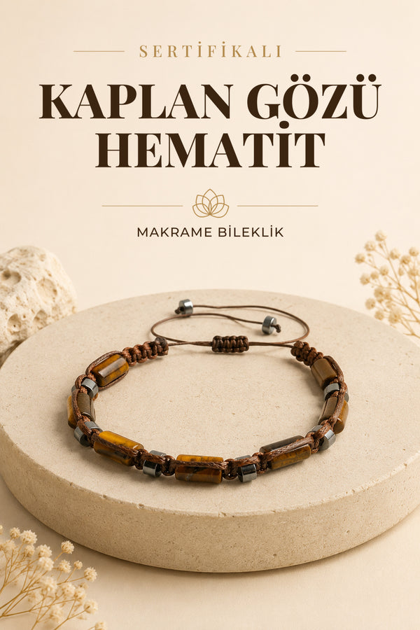 Sertifikalı Hakiki Orijinal Kaplan Gözü - Hematit  Doğal Taş İpli Bileklik (Köşeli Makrome Model)