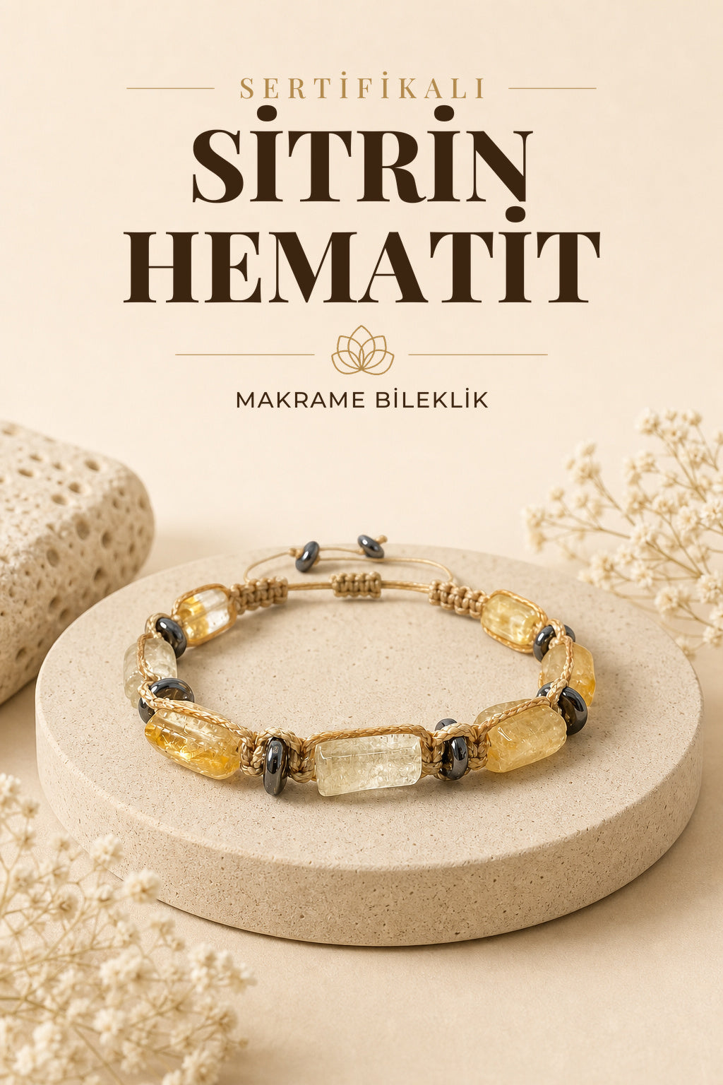 Sertifikalı Hakiki Orijinal Sitrin - Hematit  Doğal Taş İpli Bileklik (Köşeli Makrome Model)