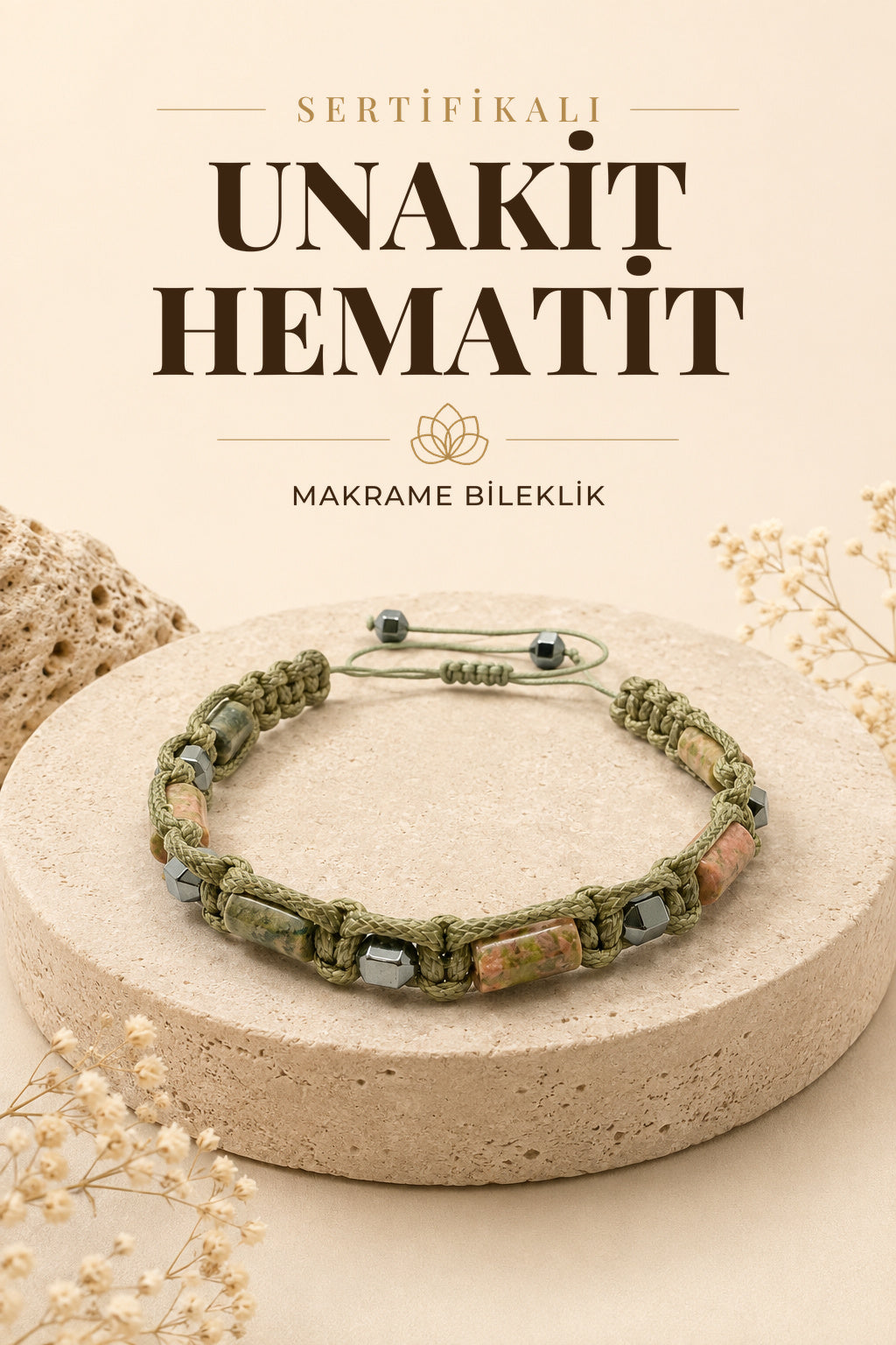 Sertifikalı Hakiki Orijinal Unakit - Hematit  Doğal Taş İpli Bileklik (Köşeli Makrome Model)