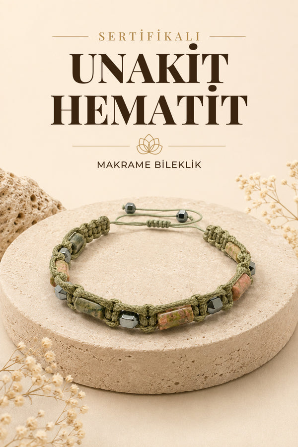 Sertifikalı Hakiki Orijinal Unakit - Hematit  Doğal Taş İpli Bileklik (Köşeli Makrome Model)