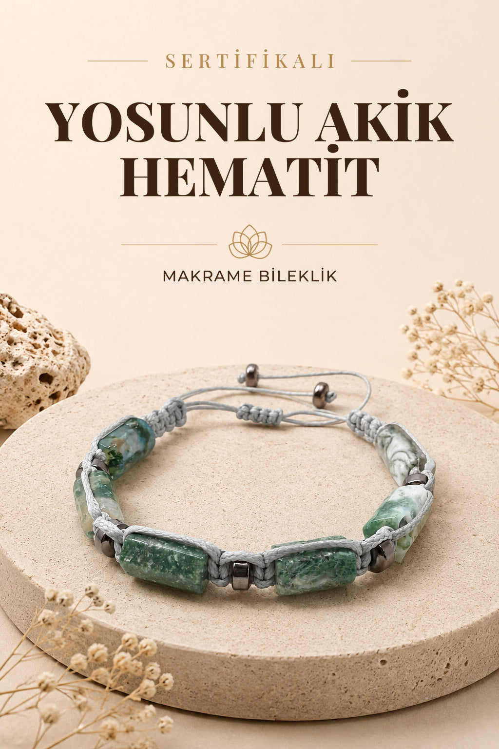 Sertifikalı Hakiki Orijinal Yosunlu Akik - Hematit  Doğal Taş İpli Bileklik (Köşeli Makrome Model)