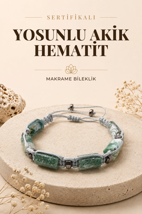 Sertifikalı Hakiki Orijinal Yosunlu Akik - Hematit  Doğal Taş İpli Bileklik (Köşeli Makrome Model)