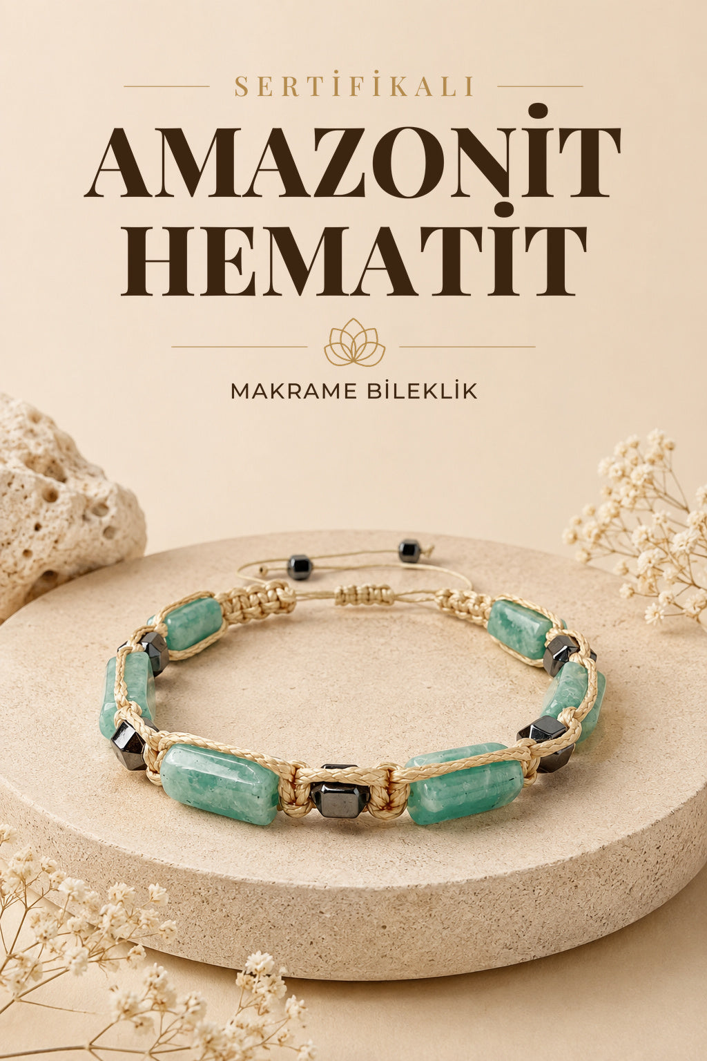 Sertifikalı Hakiki Orijinal Amazonit - Hematit  Doğal Taş İpli Bileklik (Köşeli Makrome Model)