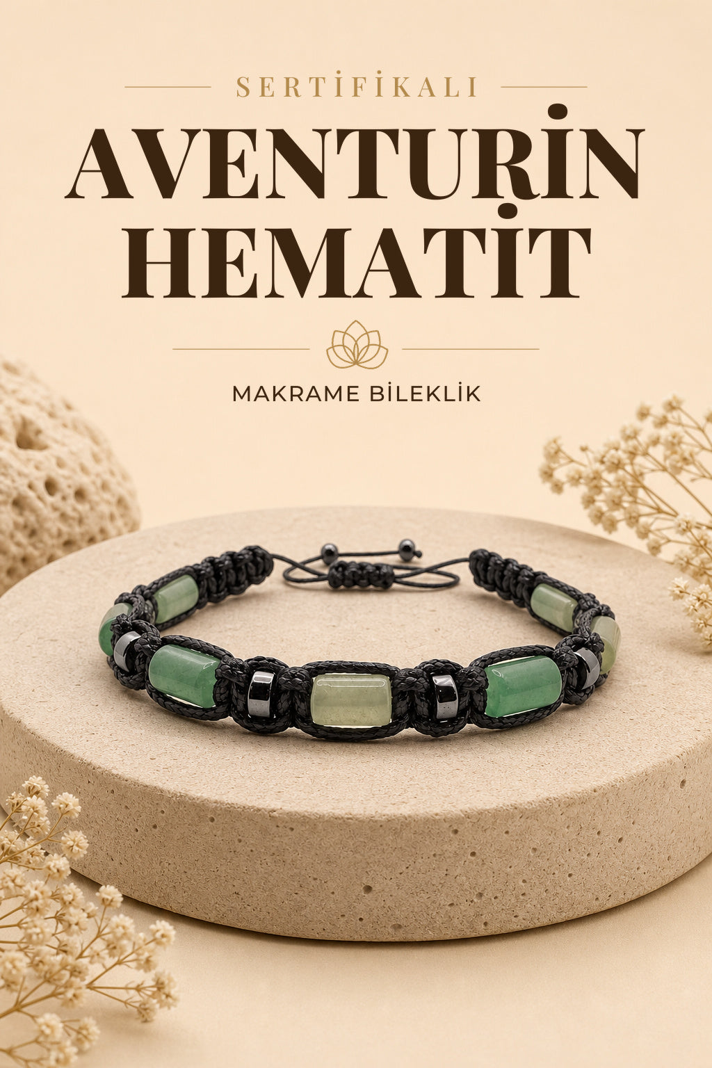 Sertifikalı Hakiki Orijinal Aventurin - Hematit  Doğal Taş İpli Bileklik (Köşeli Makrome Model)