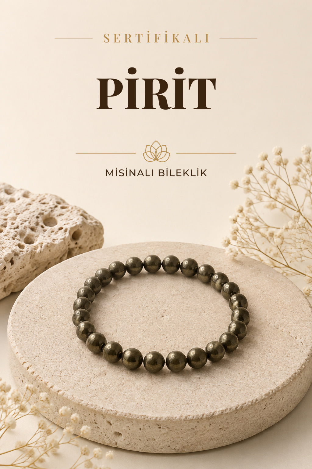 Sertifikalı Hakiki Orijinal Pirit 8mm Doğal Taş Misinalı Bileklik