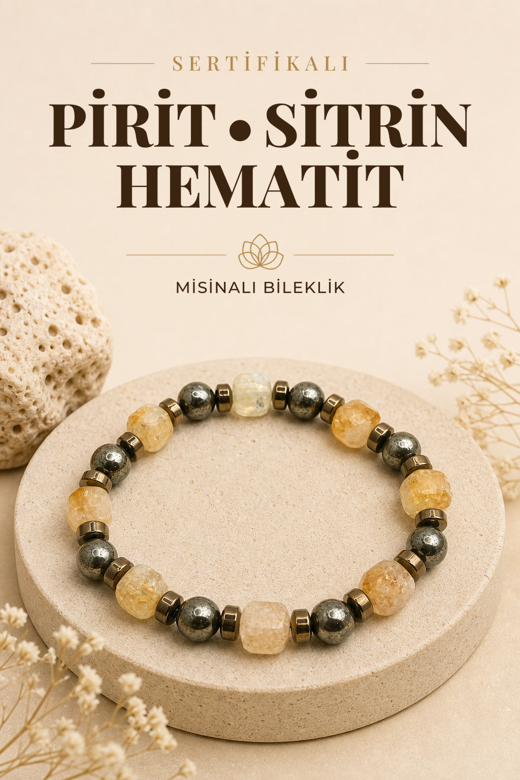 Sertifikalı Hakiki Orijinal 8mm Pirit - Sitrin - Hematit Doğal Taş Misinalı Bileklik