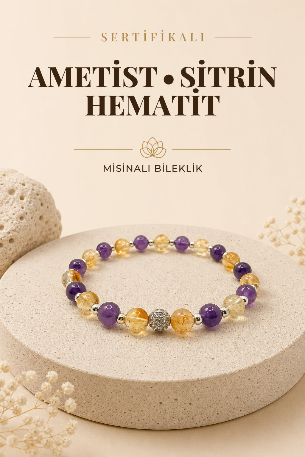Sertifikalı Orijinal Hakiki 6mm Ametist - Sitrin - Gri Hematit - Zirkon Aparatlı Misinalı Bileklik