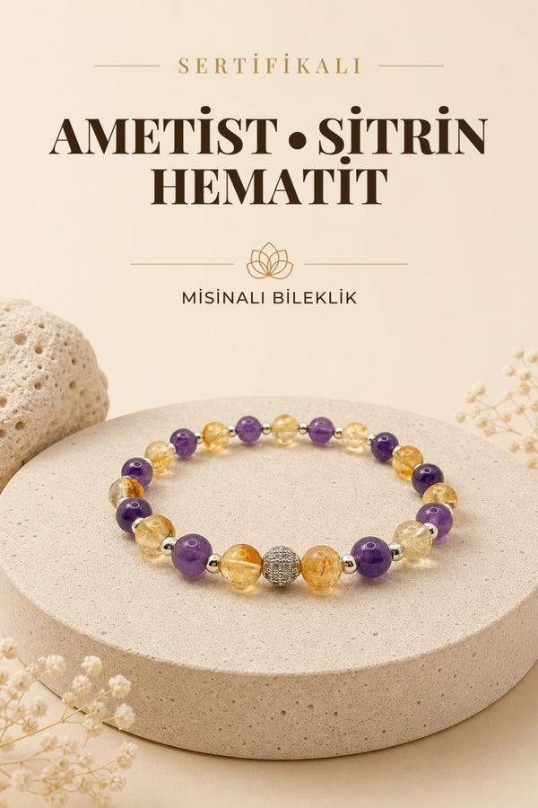Sertifikalı Orijinal Hakiki 6mm Ametist - Sitrin - Gri Hematit - Zirkon Aparatlı Misinalı Bileklik