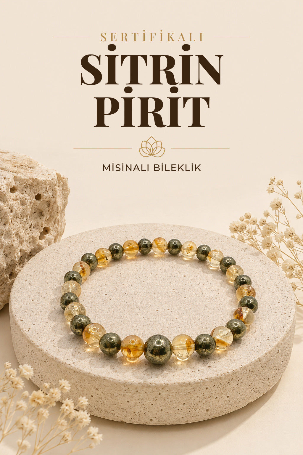Sertifikalı Orijinal Hakiki 6mm Sitrin - Pirit Doğal Taş Misinalı Bileklik