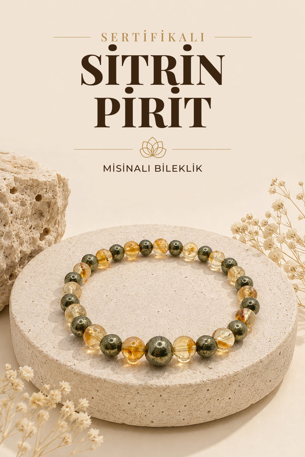 Sertifikalı Orijinal Hakiki 6mm Sitrin - Pirit Doğal Taş Misinalı Bileklik