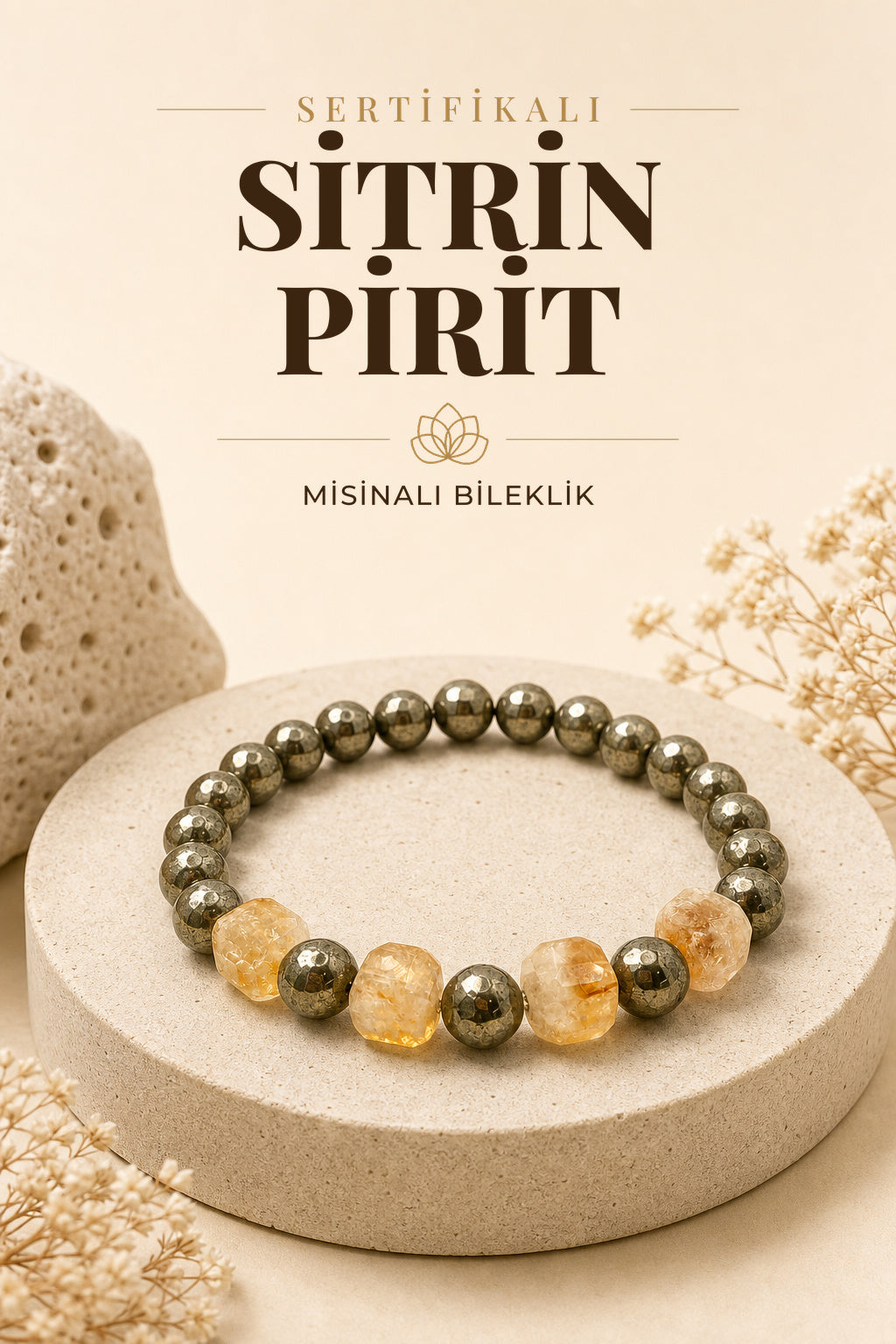 Sertifikalı Orijinal Hakiki 8mm Sitrin - Pirit Doğal Taş Misinalı Bileklik