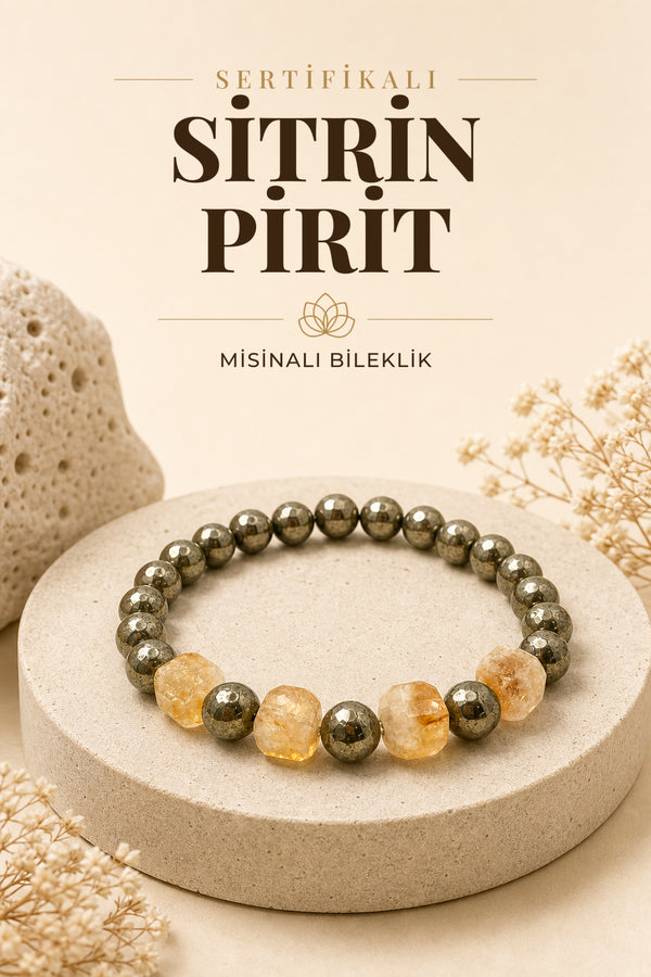 Sertifikalı Orijinal Hakiki 8mm Sitrin - Pirit Doğal Taş Misinalı Bileklik