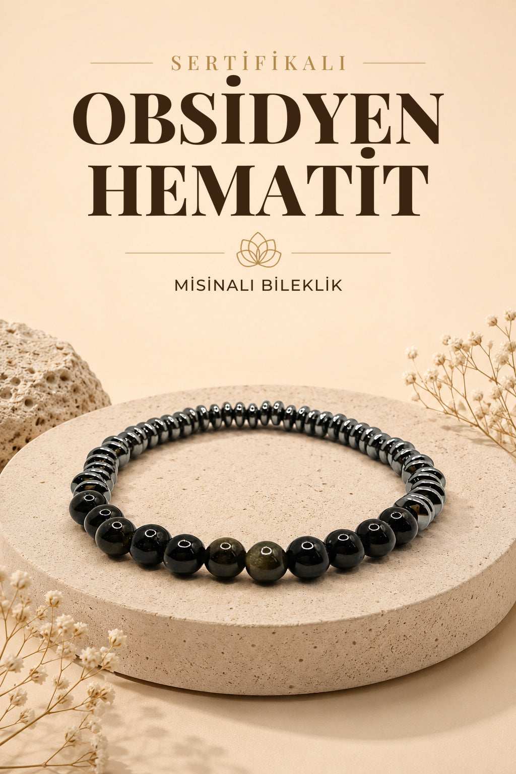 Hakiki Orijinal Sertifikalı 6mm Obsidyen - Hematit Doğal Taş Misinalı Bileklik
