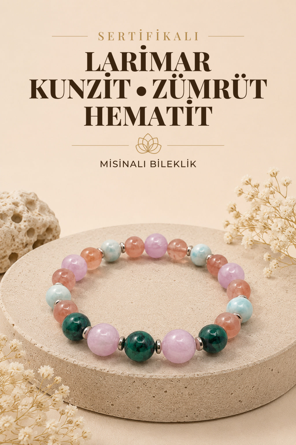Hakiki Orijinal Sertifikalı Yemen Akiği-larimar-kunzit-zümrüt-hematit Doğal Taş Misinalı Bileklik
