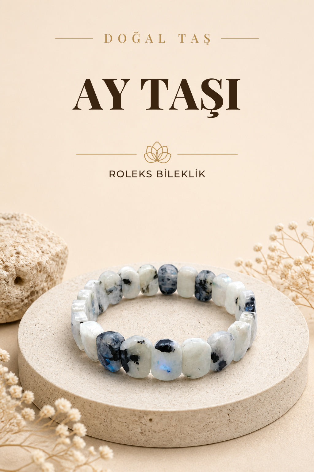 Ay Taşı Roleks Geniş Kesim Gri Beyaz Çift Misinalı Bileklik