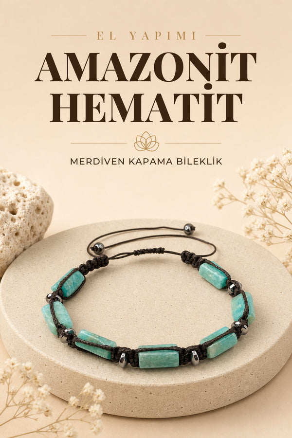 Orijinal Hakiki Amazonit - Hematit Doğal Taş Merdiven Kapama İpli bileklik