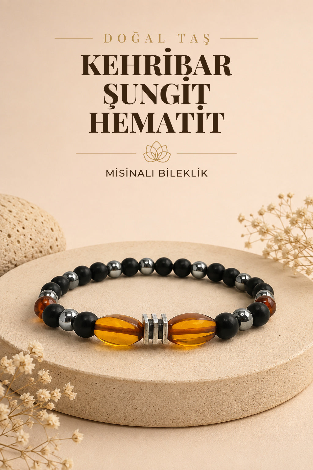Orijinal Hakiki Kehribar - Shungite - Hematit Misinalı Doğal Taş Bileklik 6mm