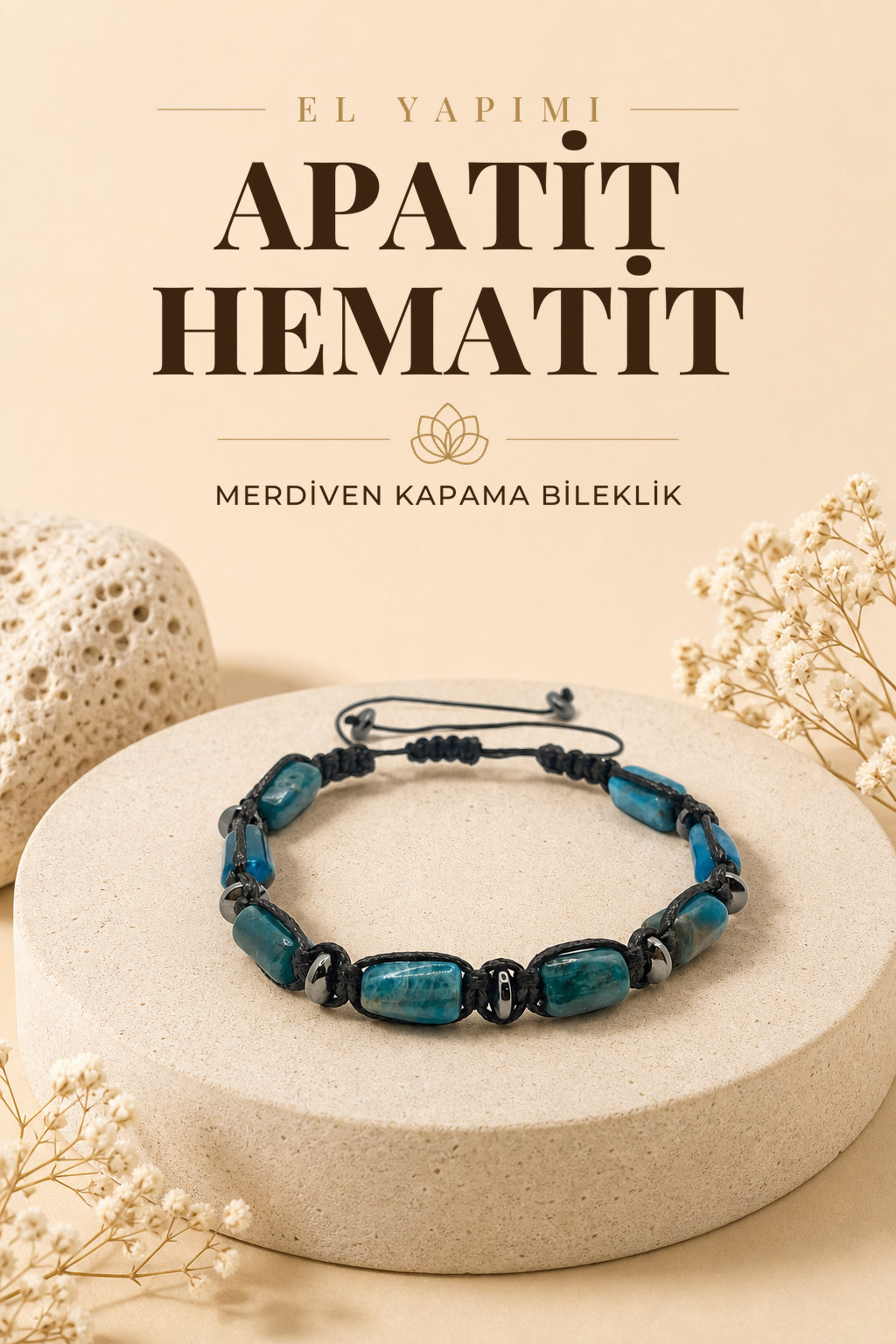Orijinal Hakiki Apatit - Hematit Doğal Taş Merdiven Kapama İpli bileklik