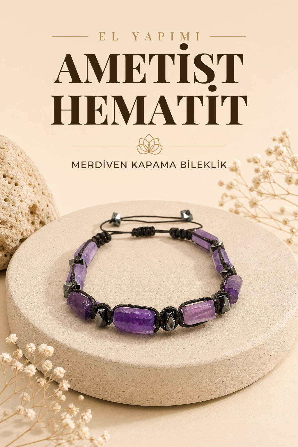 Orijinal Hakiki Ametist - Hematit Doğal Taş Merdiven Kapama İpli bileklik