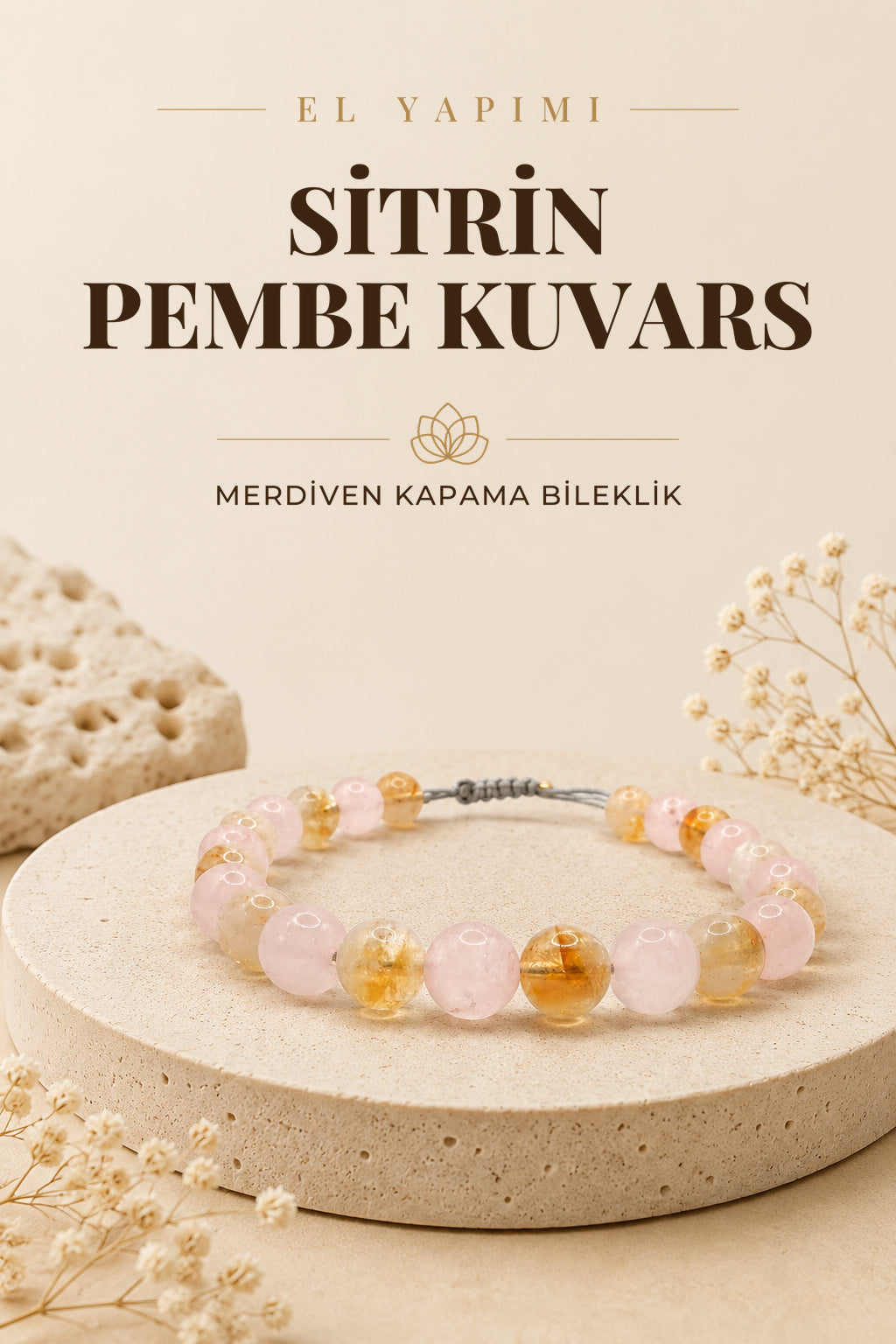 Sitrin Pembe Kuvars Doğal Taş Merdiven Kapama İpli Bileklik 8mm