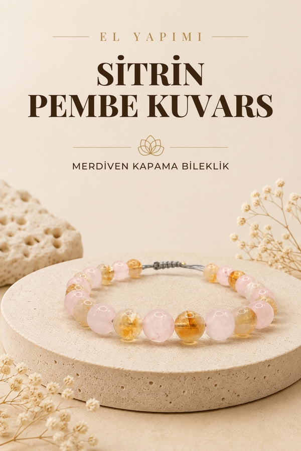 Sitrin Pembe Kuvars Doğal Taş Merdiven Kapama İpli Bileklik 8mm