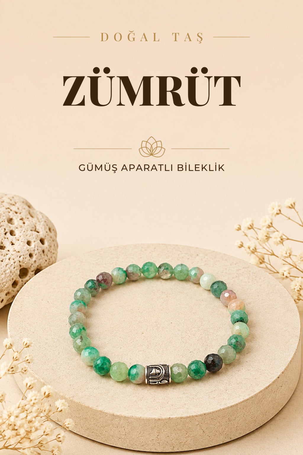 Zümrüt Doğal Taş Fasetli Kesim Bileklik 6mm Gümüş Aparatlı