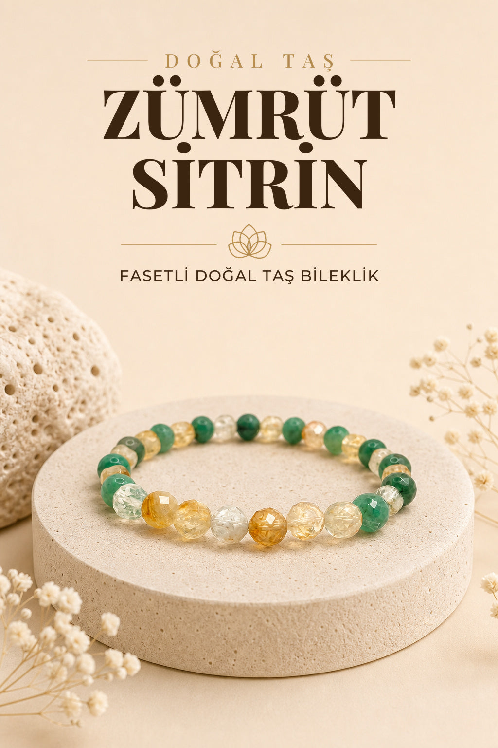 Zümrüt - Sitrin Doğal Taş Fasetli Kesim Bileklik 6mm