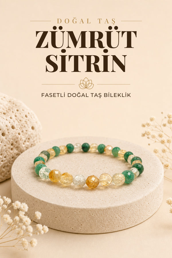 Zümrüt - Sitrin Doğal Taş Fasetli Kesim Bileklik 6mm
