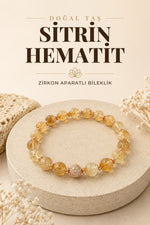 Sitrin - Hematit Doğal Taş Bileklik Zirkon Aparatlı 8 mm