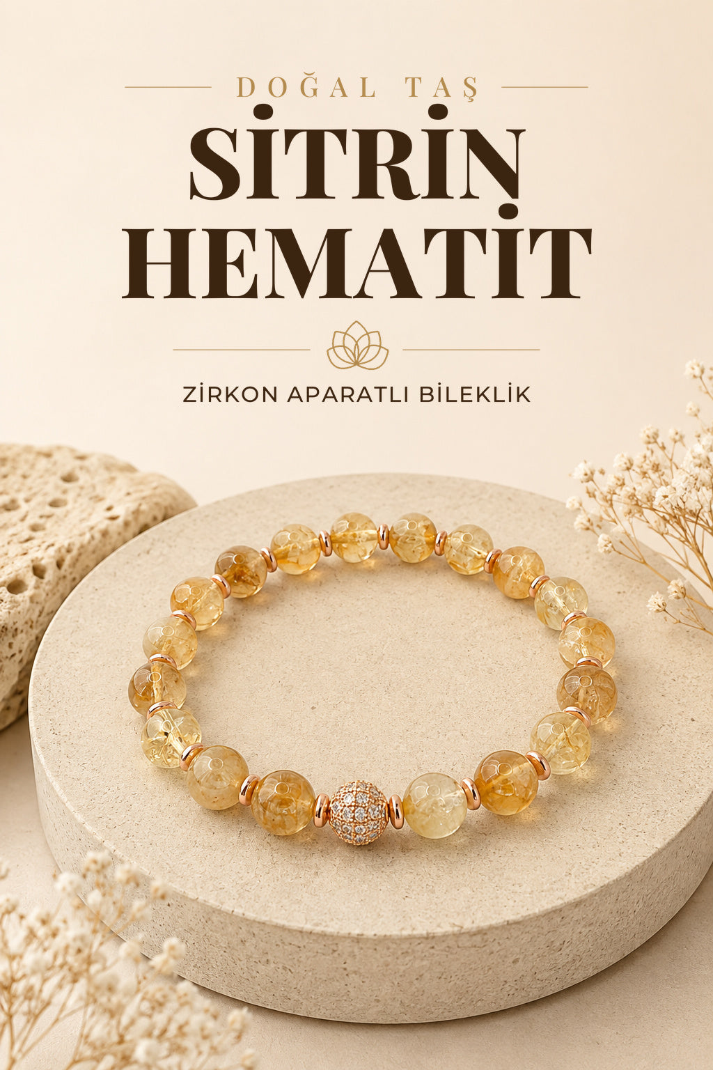 Sitrin - Hematit Doğal Taş Bileklik Zirkon Aparatlı 8 mm