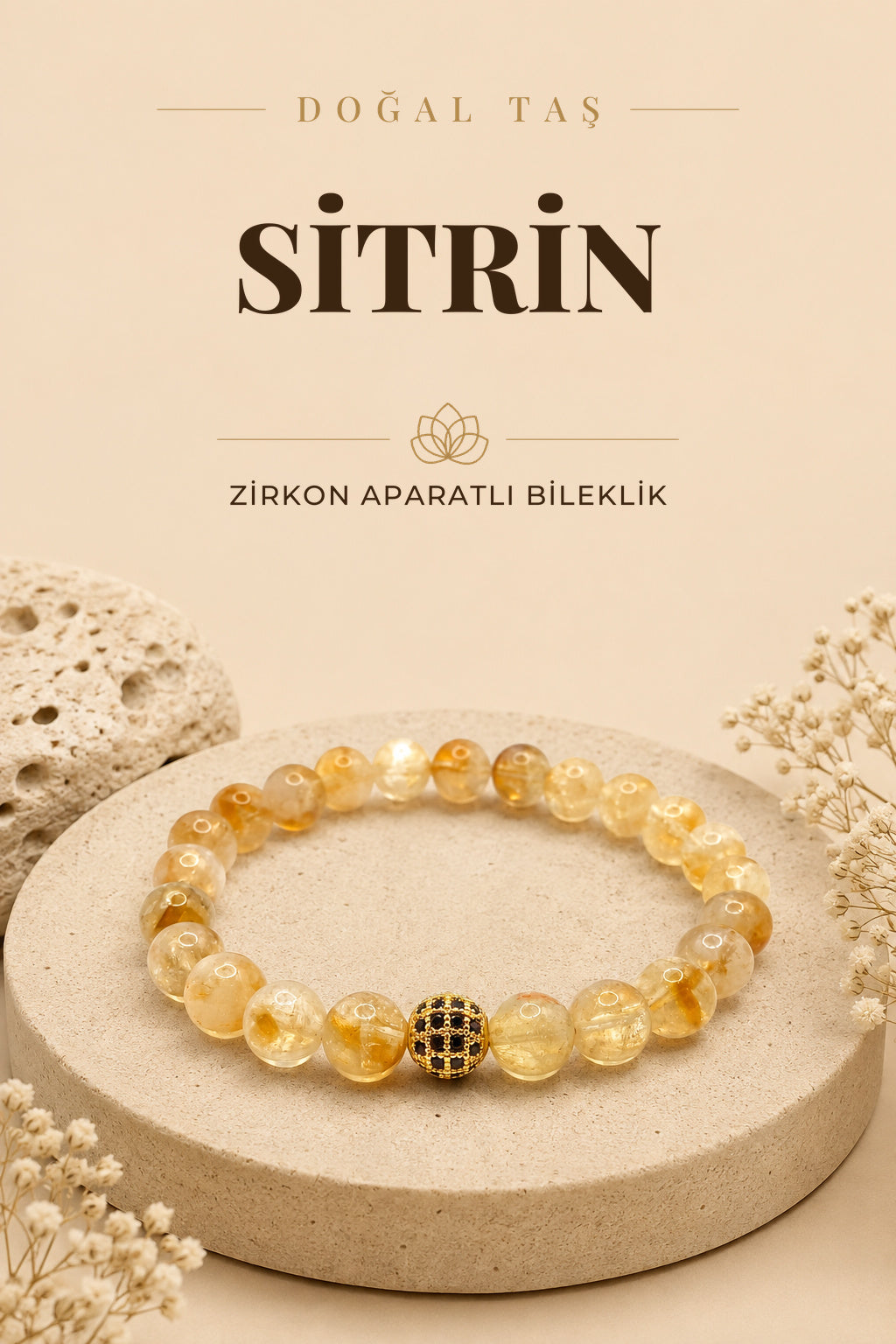 Sitrin Doğal Taş Bileklik Zirkon Aparatlı 8mm