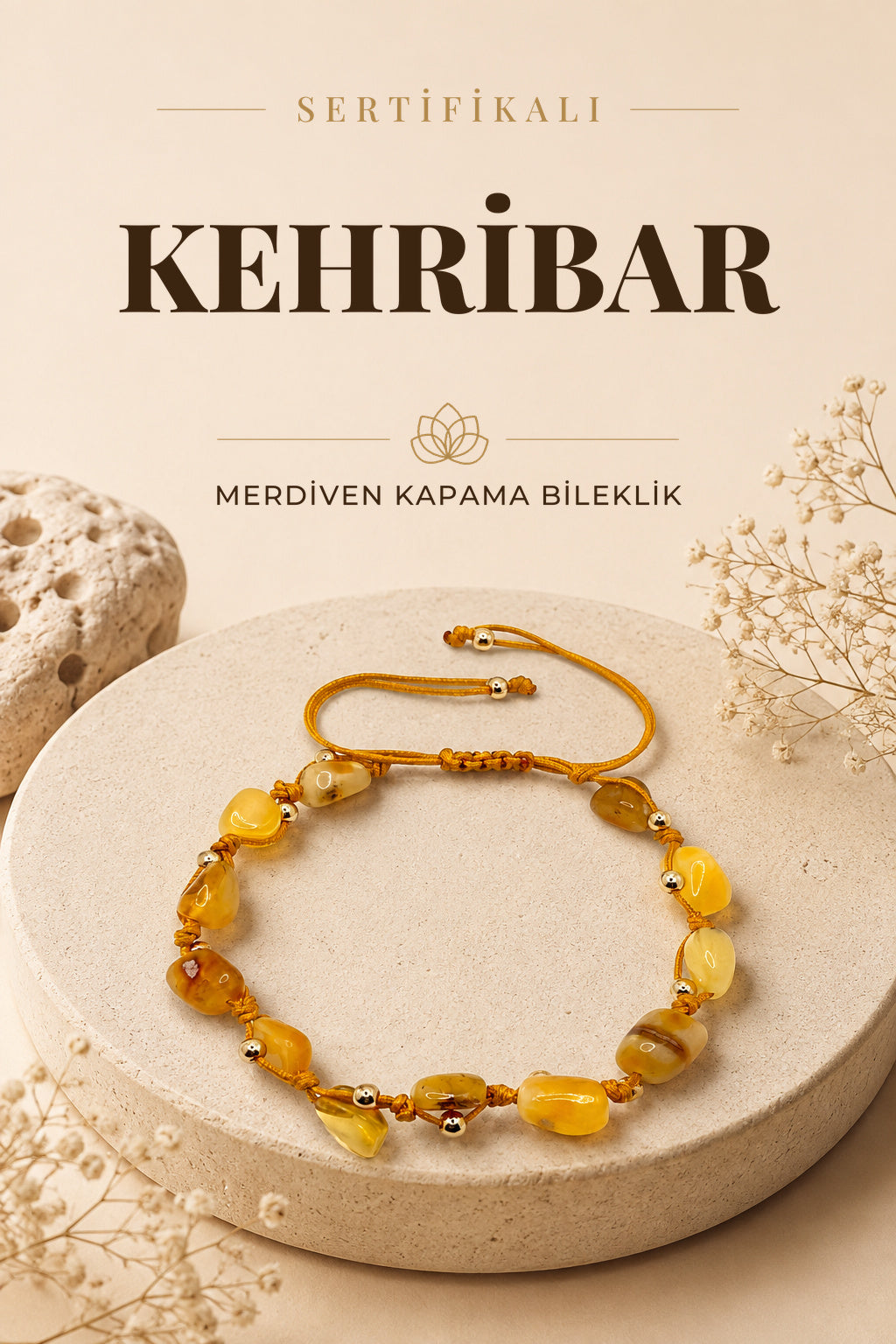 Sertifikalı Kehribar Doğal Taş Natural Kesim Merdiven Kapama Bileklik